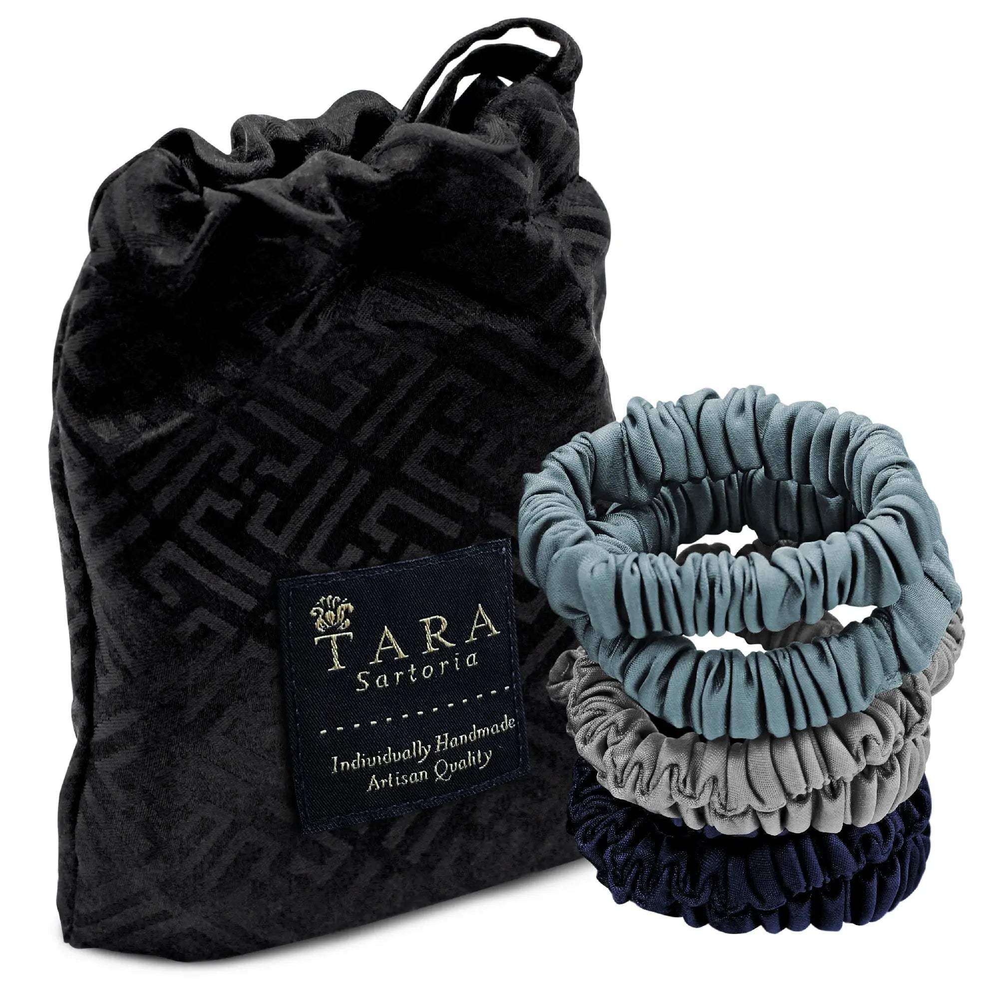 Skinny Silk Scrunchies For Hair, 6 Pieces (Light Blue, Navy Blue, Silver Grey) - Tara Sartoria