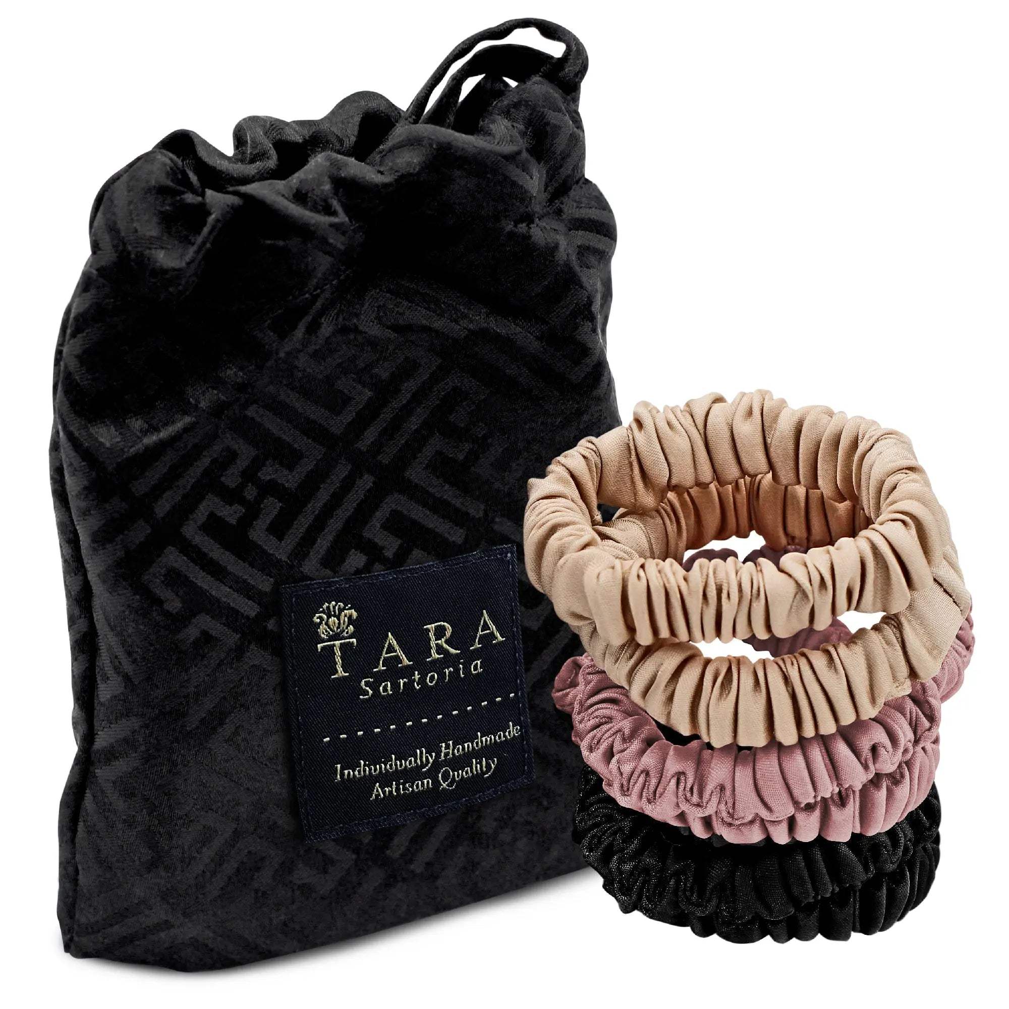Skinny Silk Scrunchies For Hair, 6 Pieces (Onyx Black, Nude Beige, Vintage Pink) - Tara Sartoria