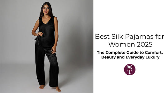 Woman in Tara Sartoria silk pajamas Christmas gift for her