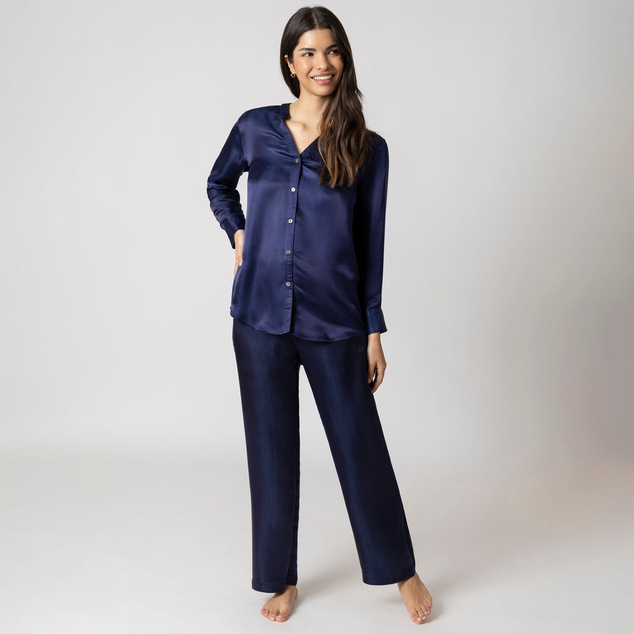 Artisan Silk Pajamas, Band Collar, Washable