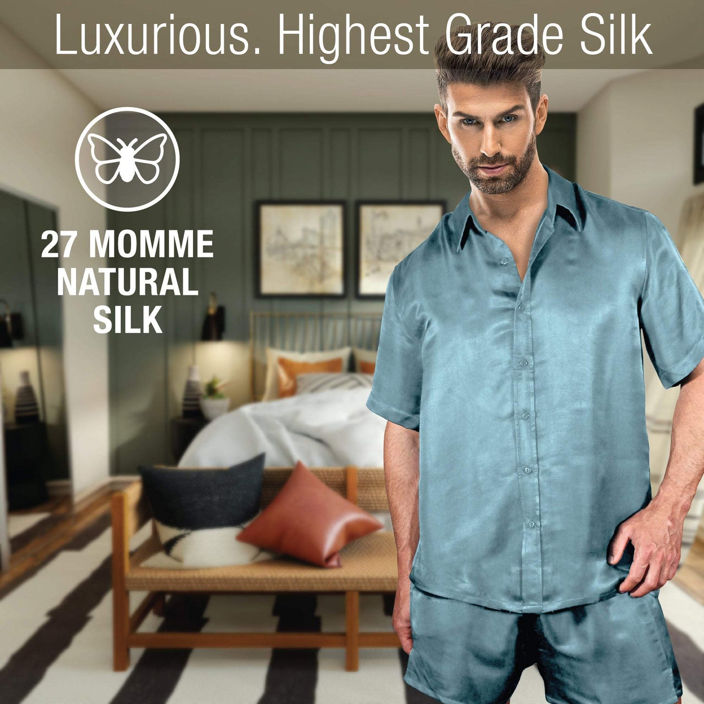 Luxury Artisan Silk Pajamas For Men Short, Washable Mulberry Silk