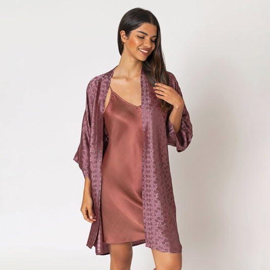 Artisan Short Silk Kimono Robe Jacquard And Nightgown Set, Washable - Tara Sartoria