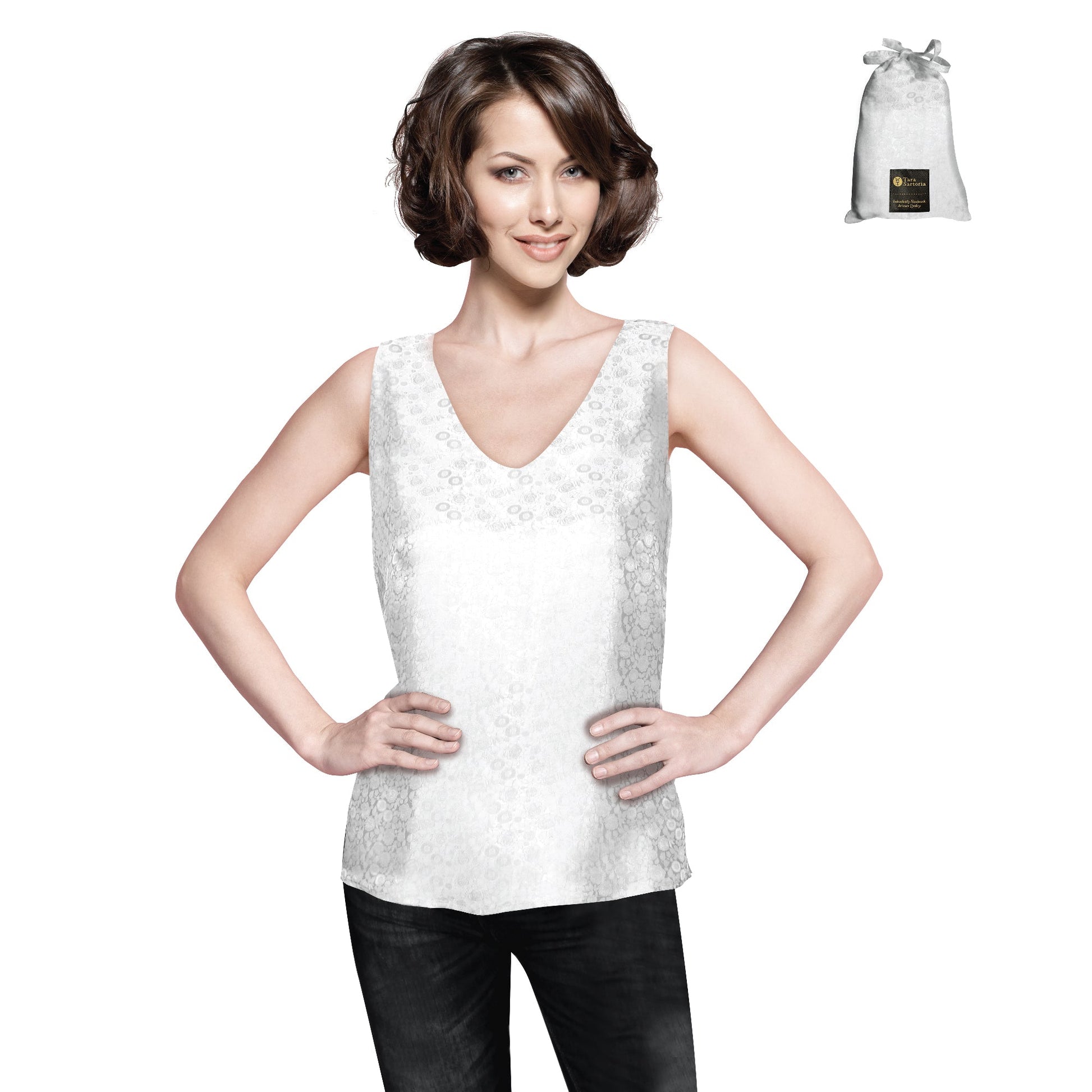 Artisan Silk Blouse Jacquard, Tank Top V Neck, Washable - Tara Sartoria