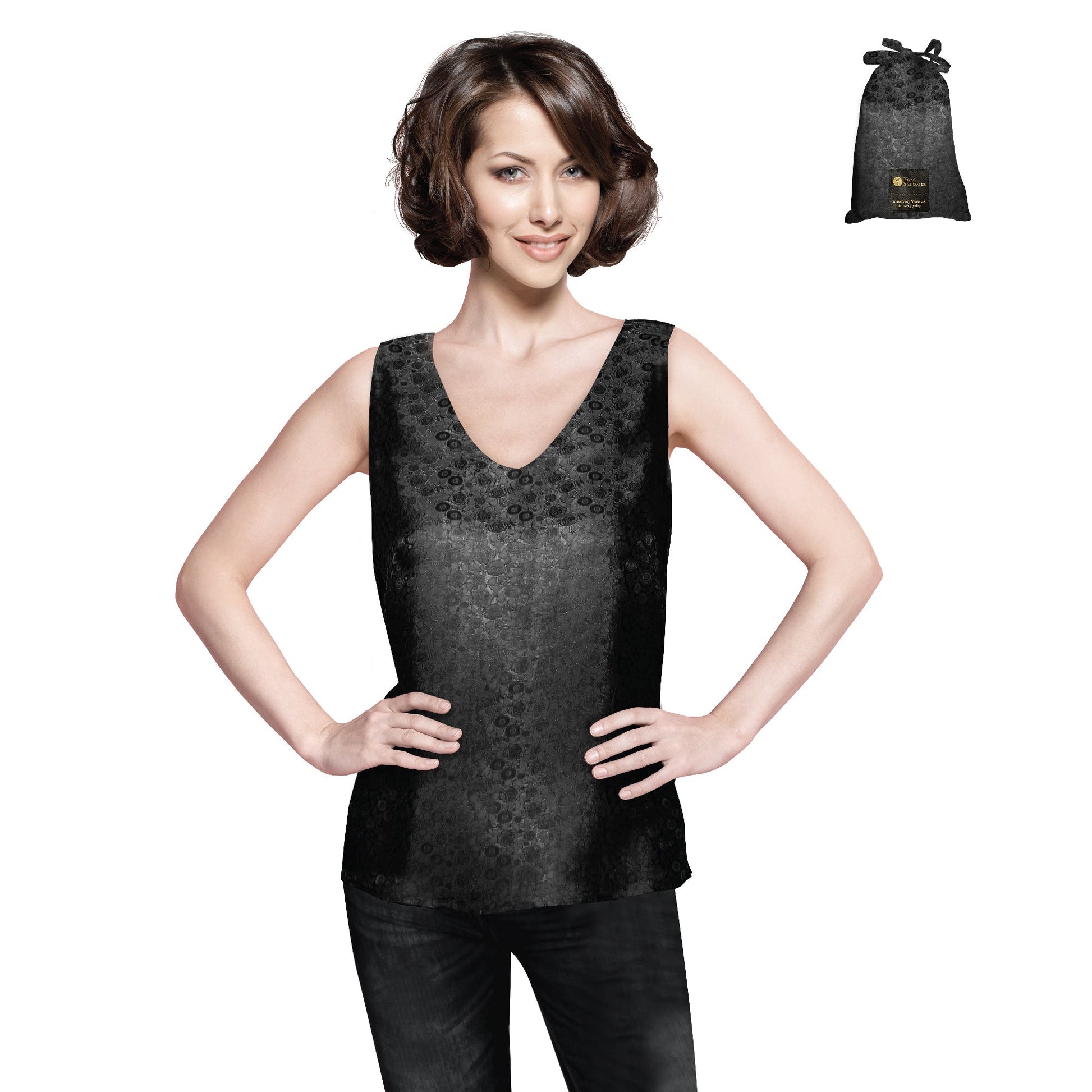 Artisan Silk Blouse Jacquard, Tank Top V Neck, Washable - Tara Sartoria