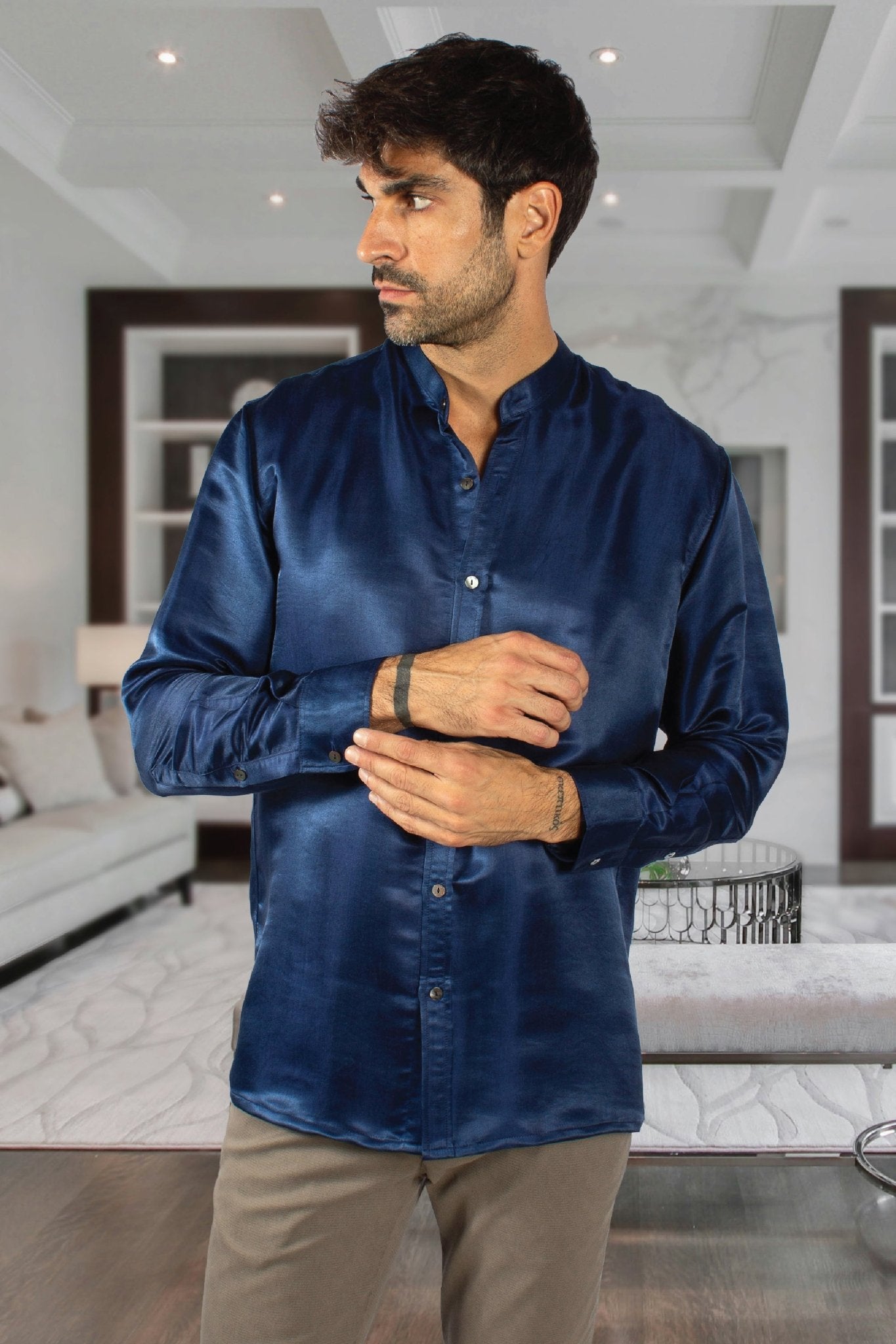 Artisan Silk Shirt, Band Collar, Washable - Tara Sartoria
