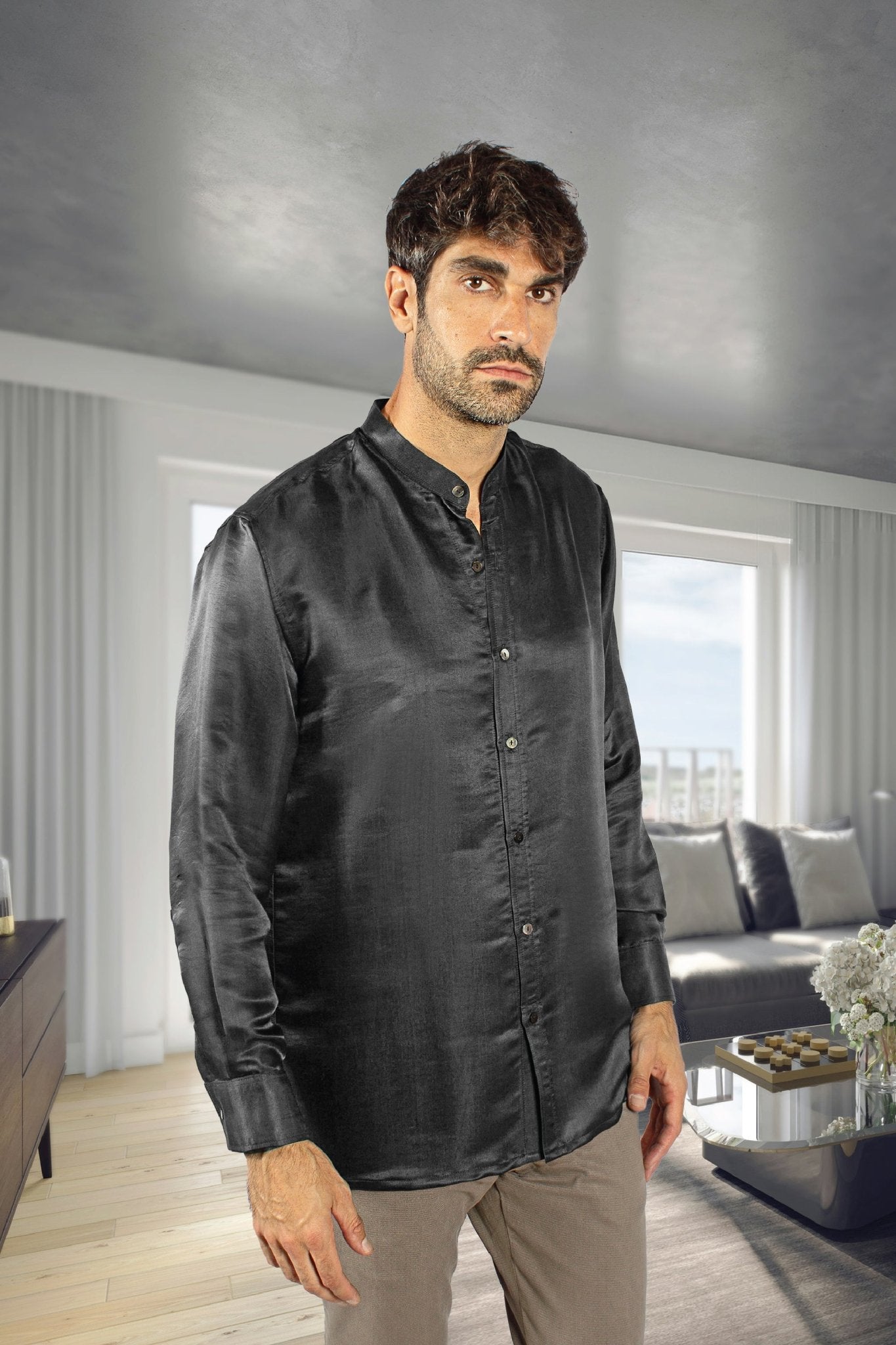 Artisan Silk Shirt, Band Collar, Washable - Tara Sartoria