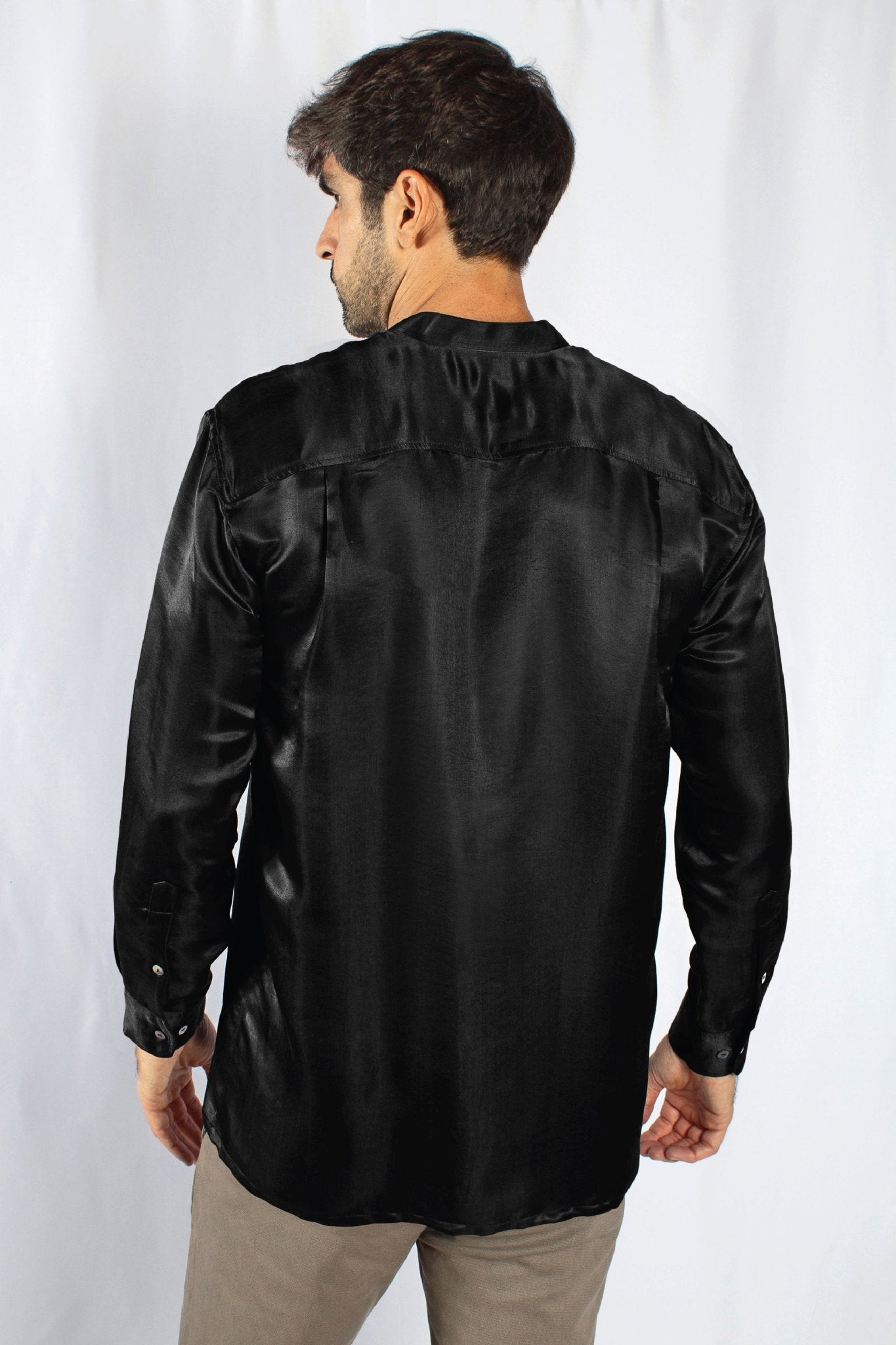Artisan Silk Shirt, Band Collar, Washable - Tara Sartoria