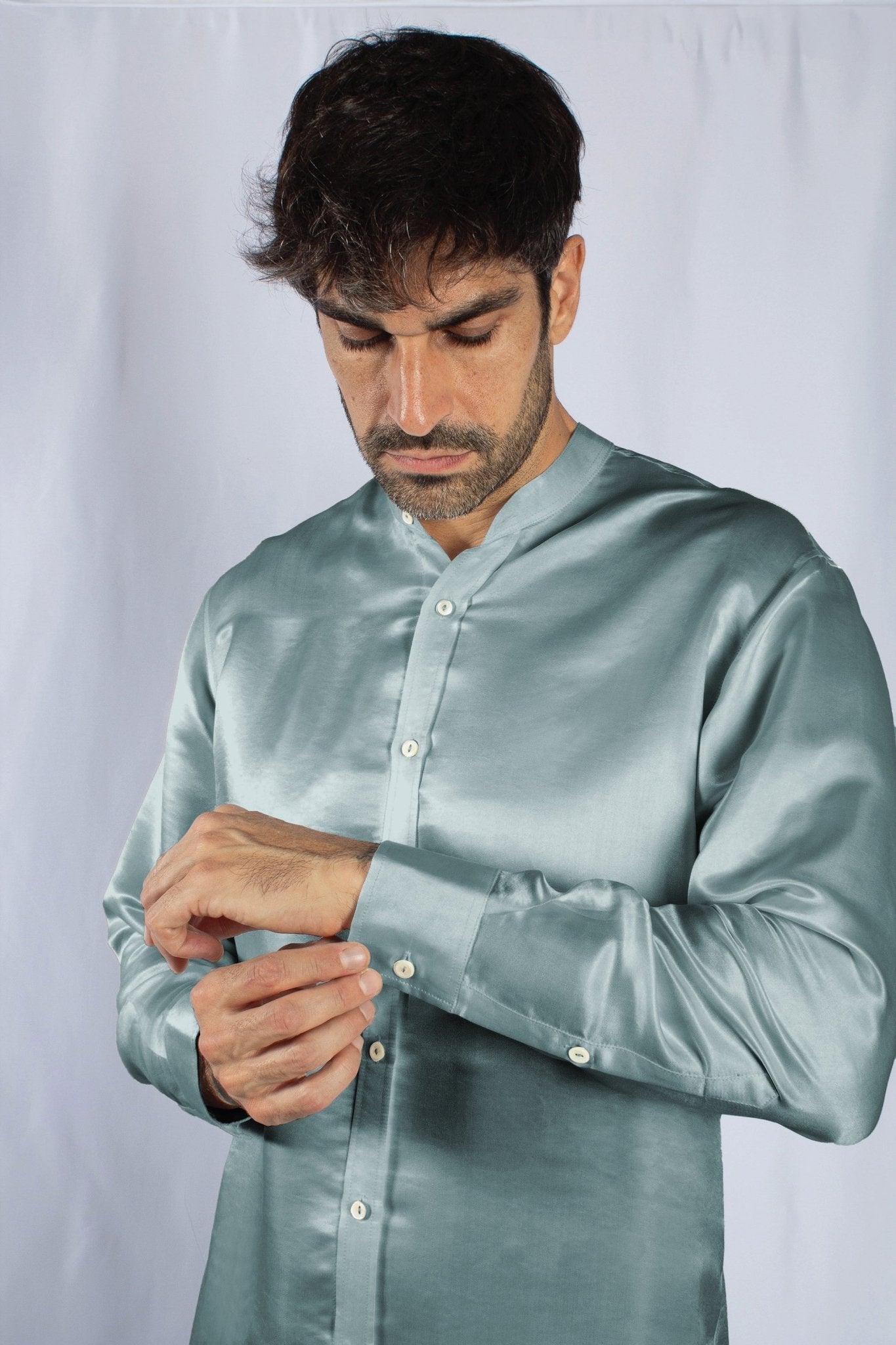 Artisan Silk Shirt, Band Collar, Washable - Tara Sartoria