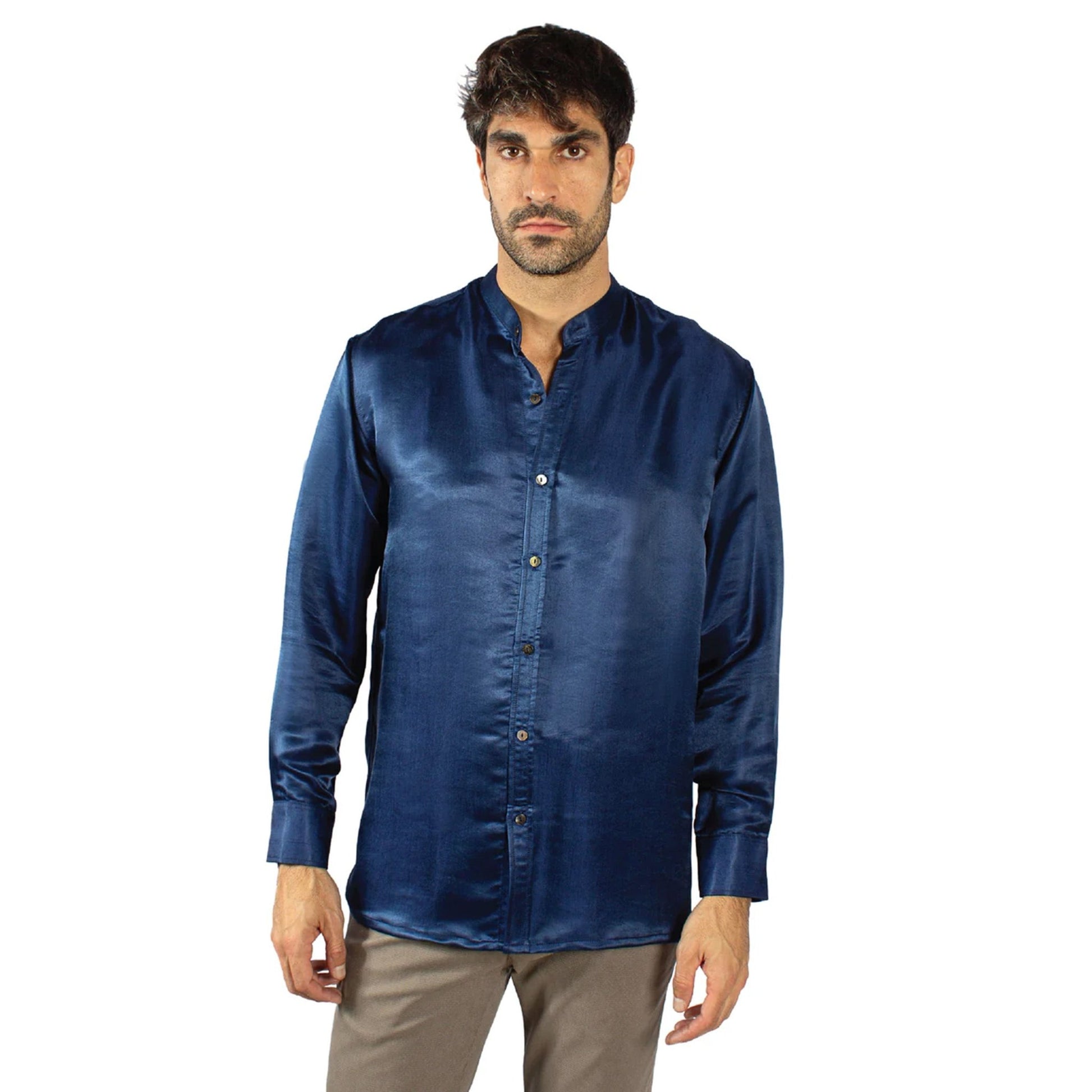 Artisan Silk Shirt, Band Collar, Washable - Tara Sartoria
