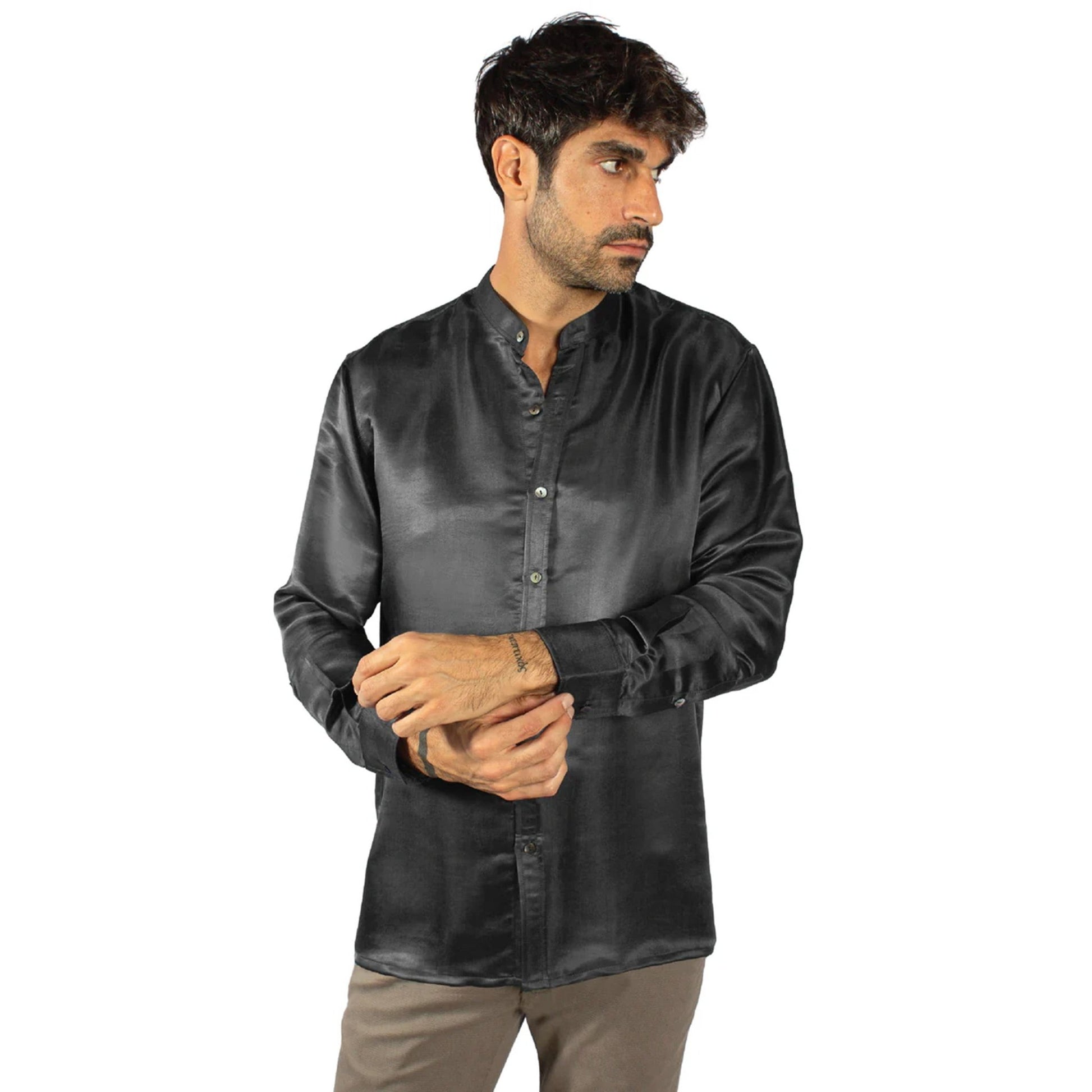 Artisan Silk Shirt, Band Collar, Washable - Tara Sartoria
