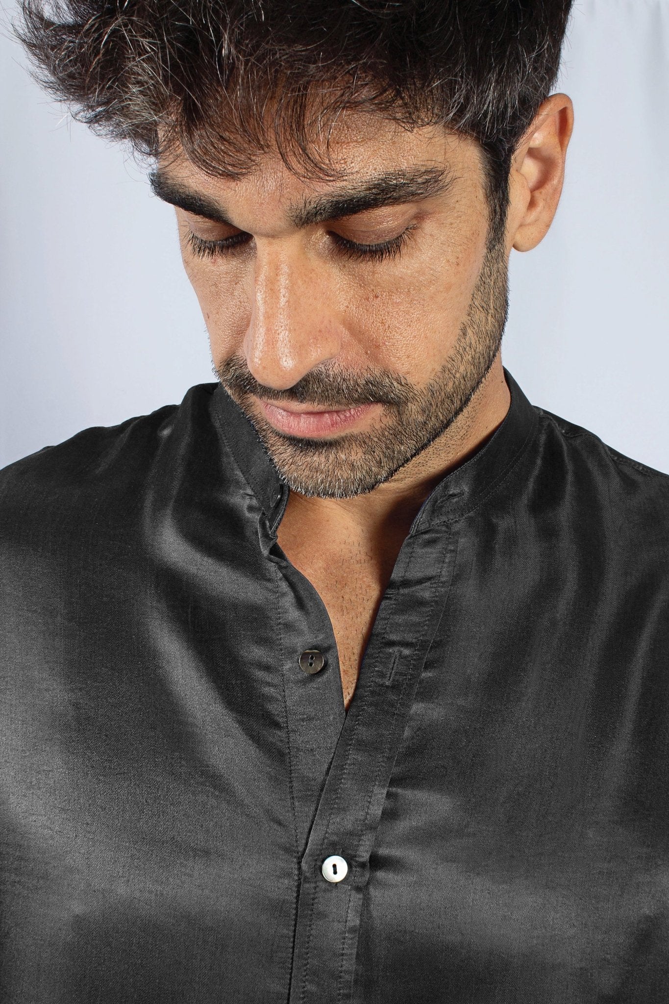 Artisan Silk Shirt, Band Collar, Washable - Tara Sartoria