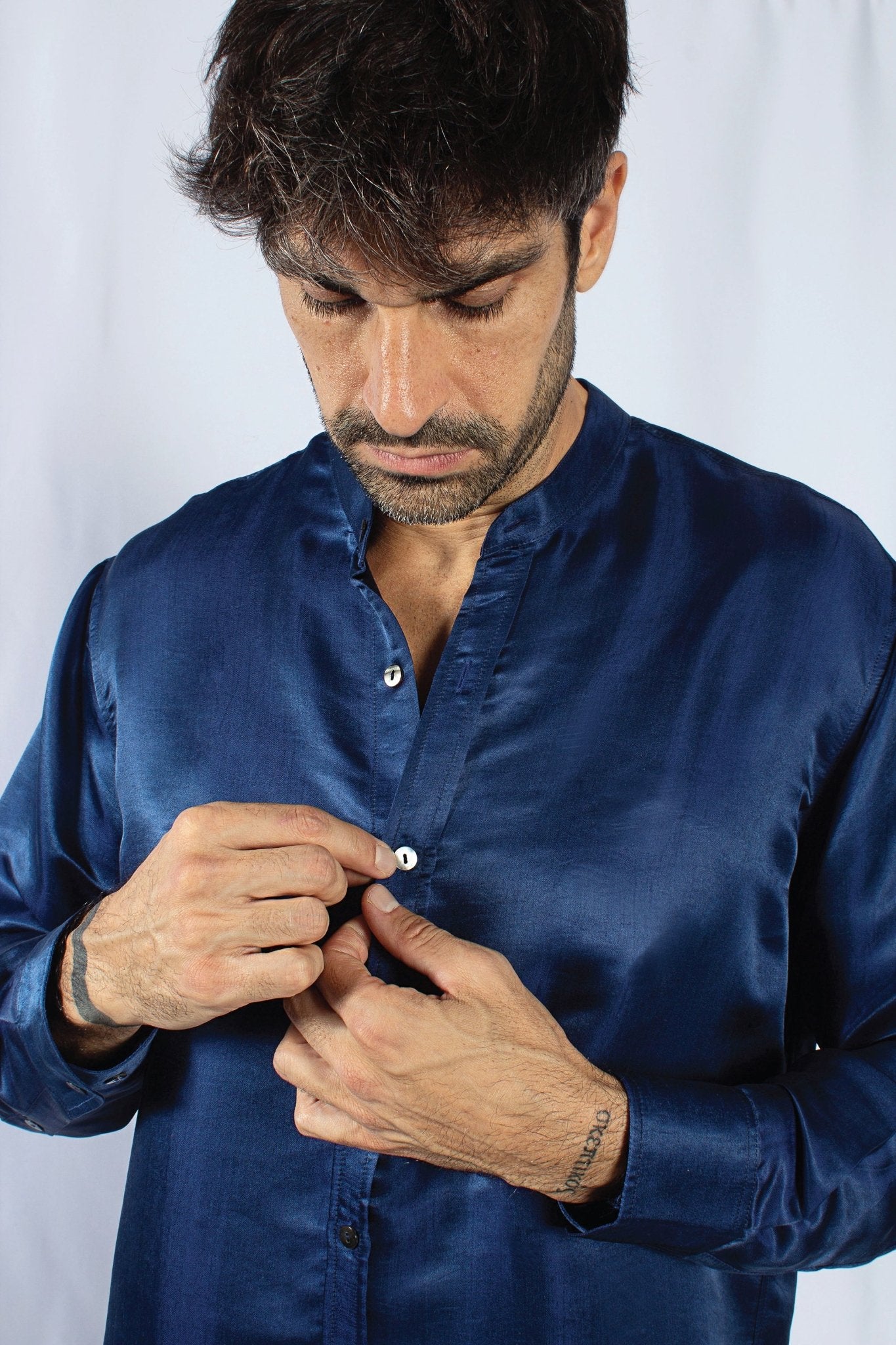 Artisan Silk Shirt, Band Collar, Washable - Tara Sartoria