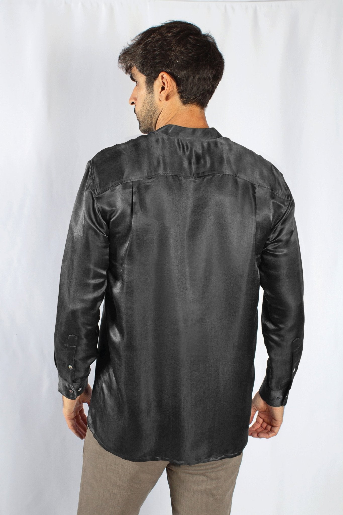 Artisan Silk Shirt, Band Collar, Washable - Tara Sartoria