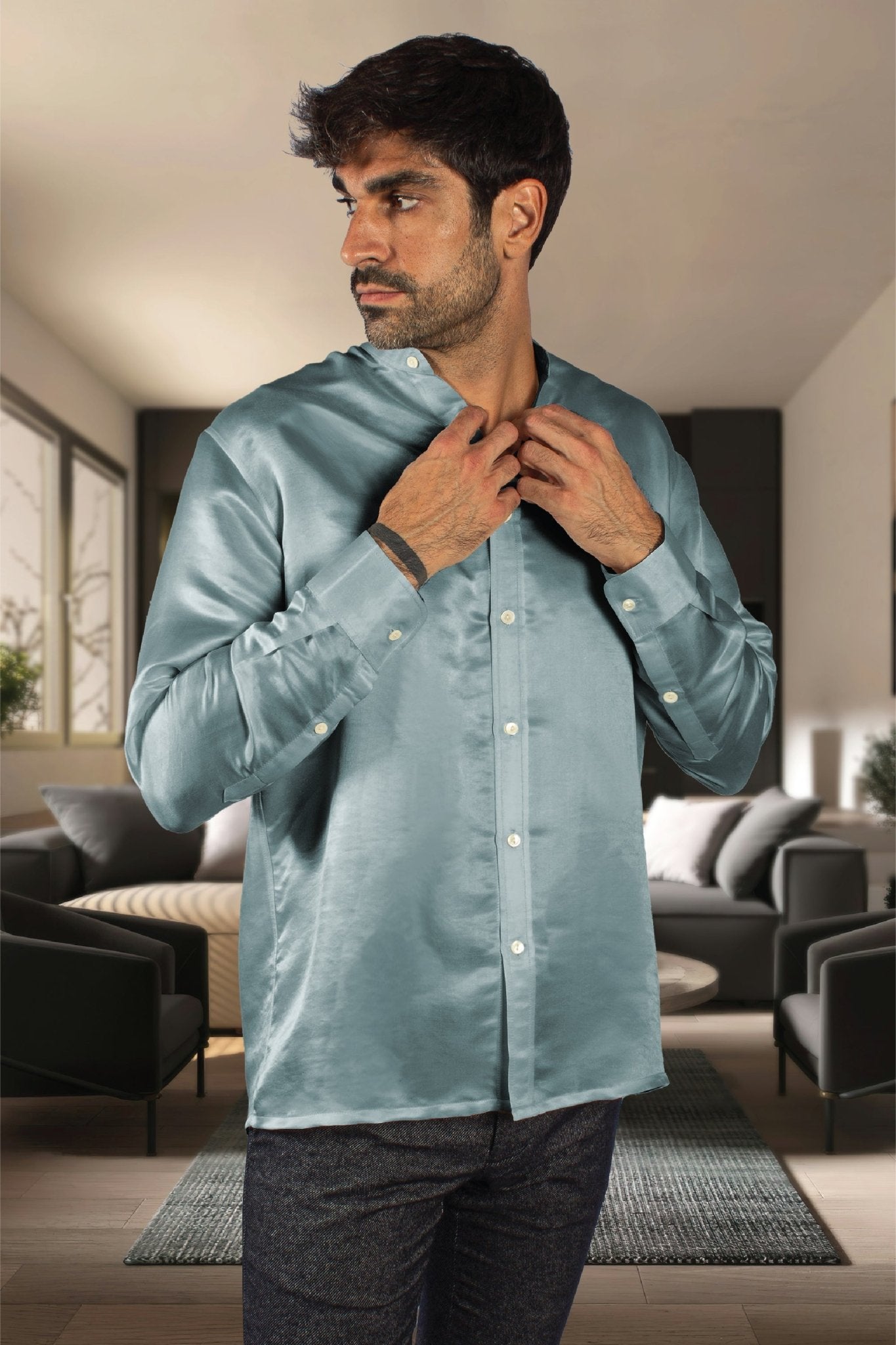 Artisan Silk Shirt, Band Collar, Washable - Tara Sartoria