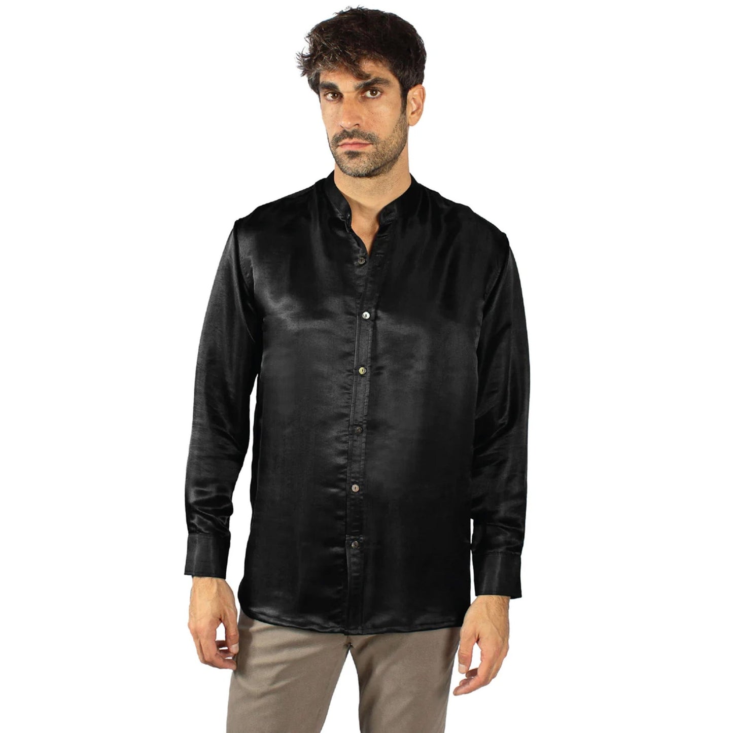 Artisan Silk Shirt, Band Collar, Washable - Tara Sartoria