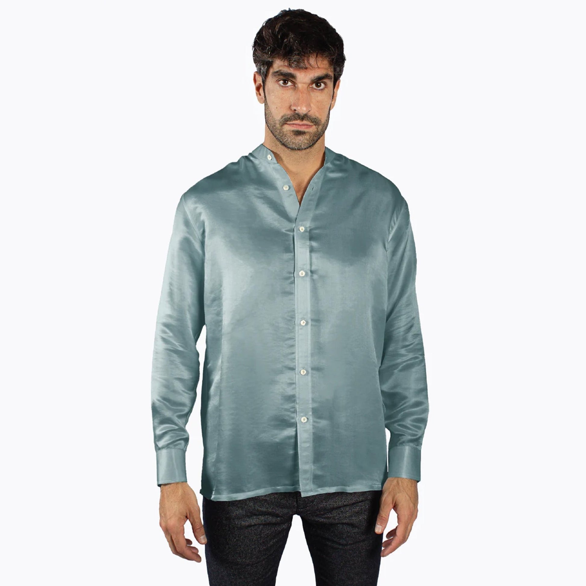 Artisan Silk Shirt, Band Collar, Washable - Tara Sartoria