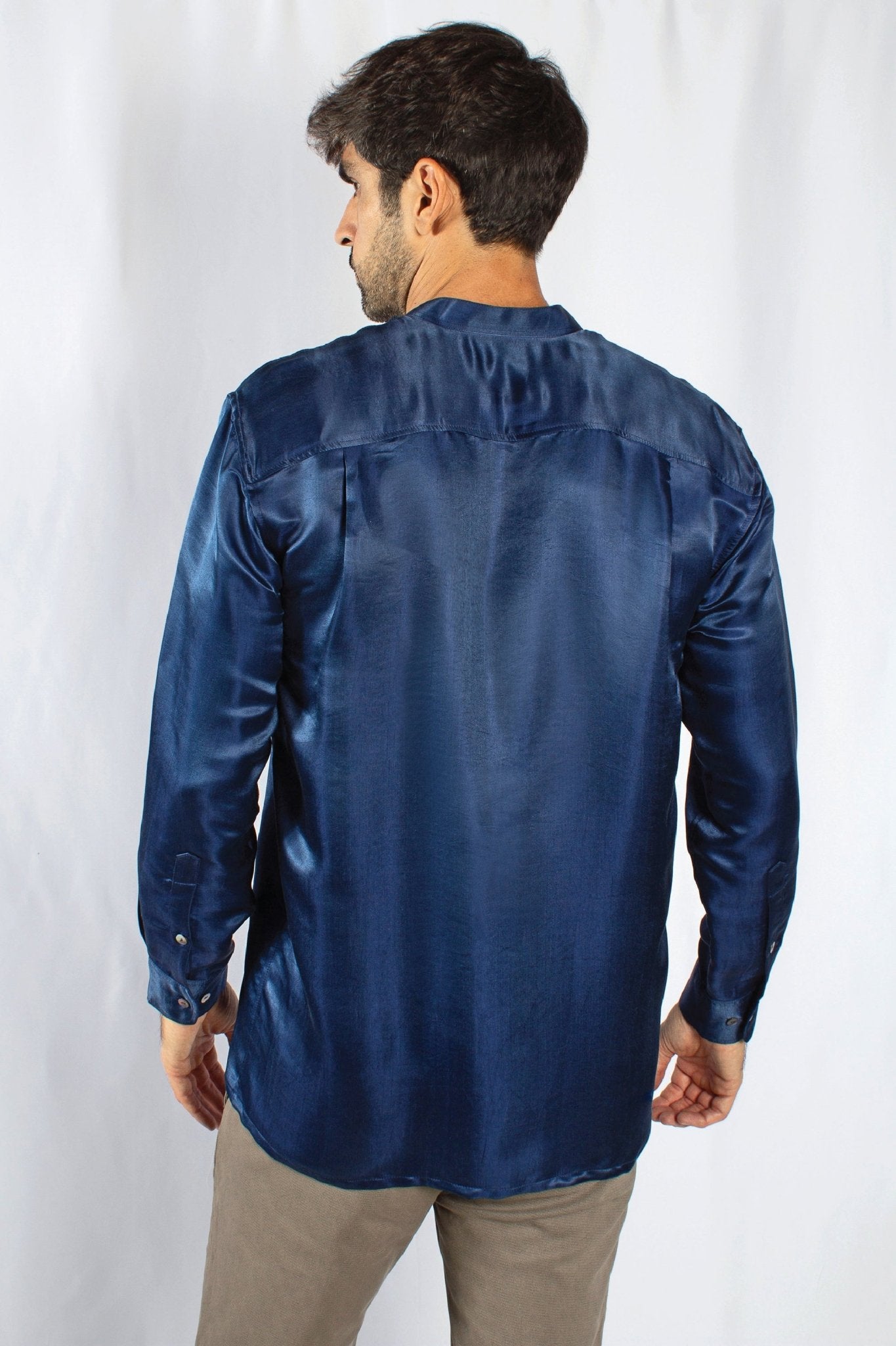 Artisan Silk Shirt, Band Collar, Washable - Tara Sartoria