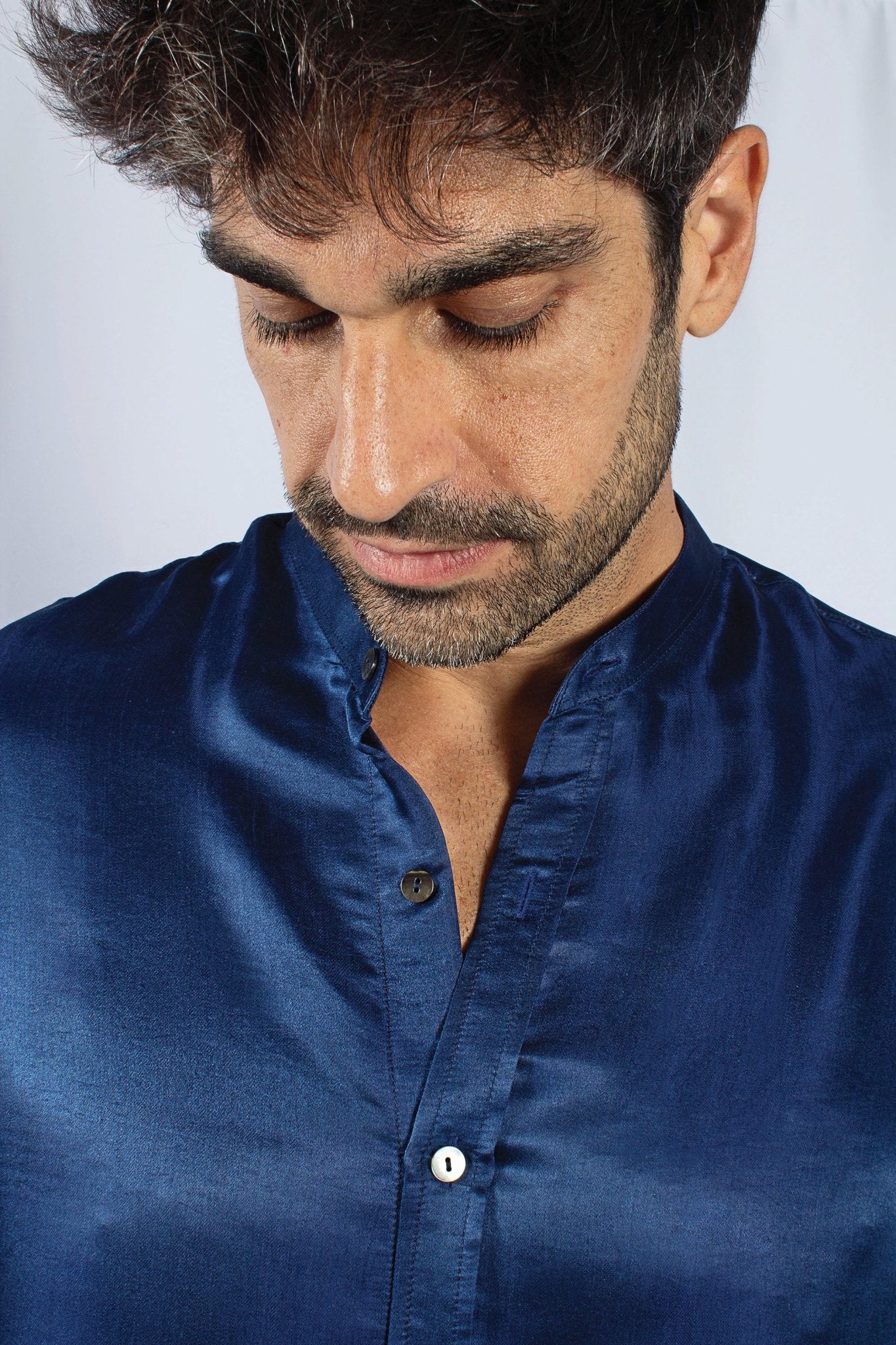 Artisan Silk Shirt, Band Collar, Washable - Tara Sartoria