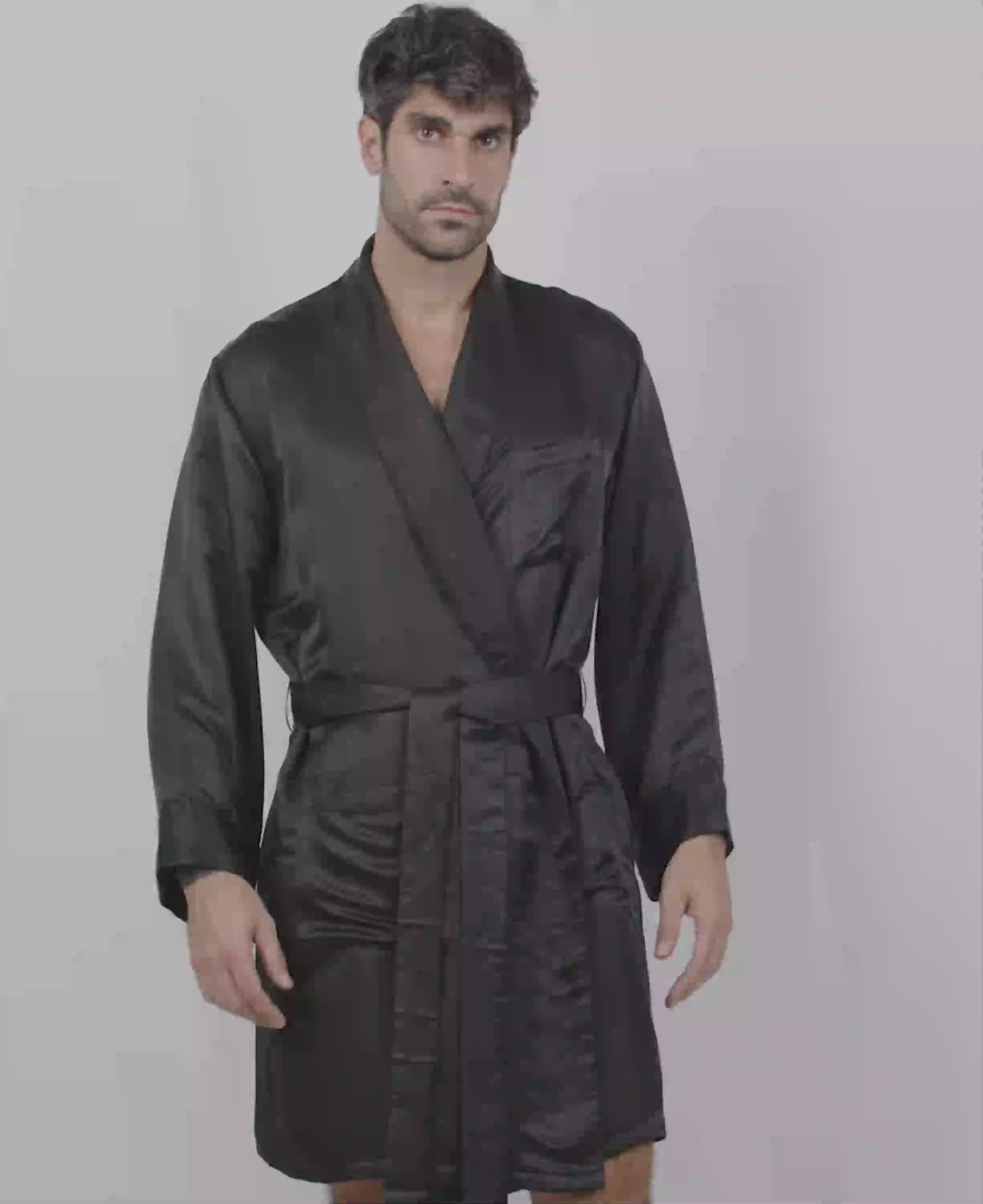 Men's Long Heavyweight Silk Satin Robe - Fully Lined, Belted, Black Or Grey, Premium Feel