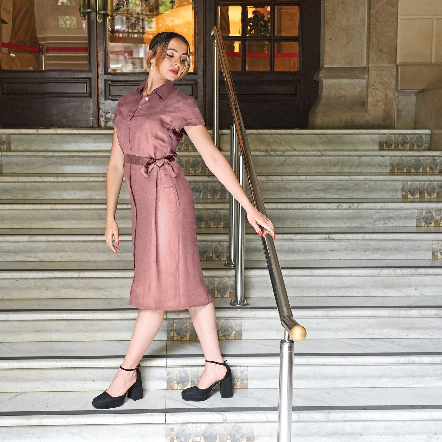 Short Sleeve Shirt Dress With Attached Belt - Tara Sartoria