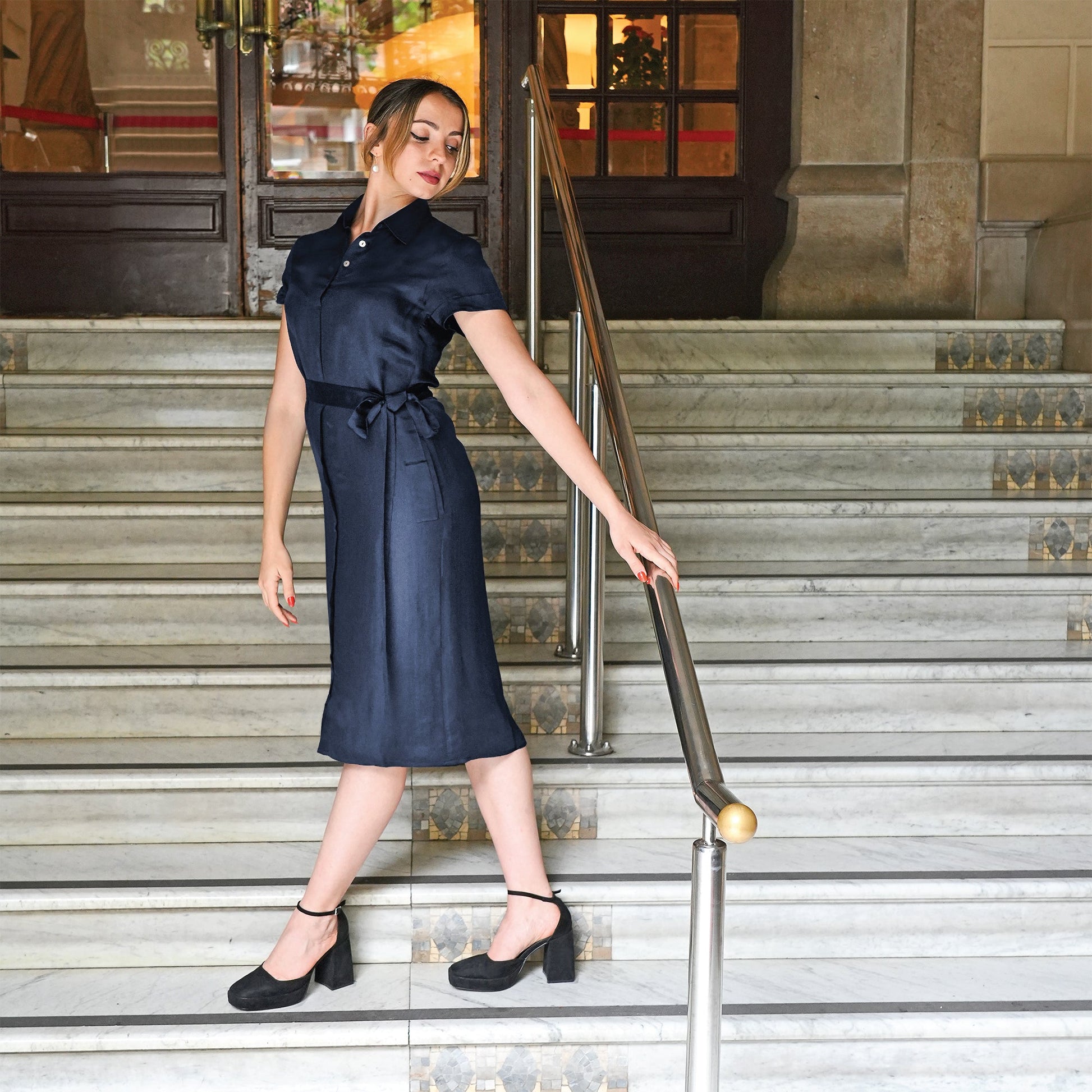 Short Sleeve Shirt Dress With Attached Belt - Tara Sartoria