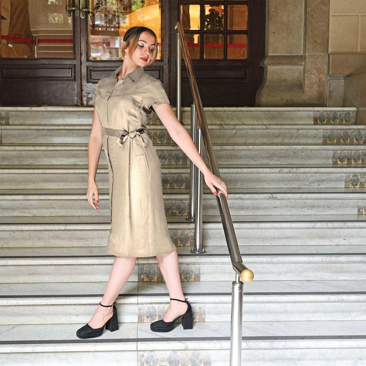 Short Sleeve Shirt Dress With Attached Belt - Tara Sartoria