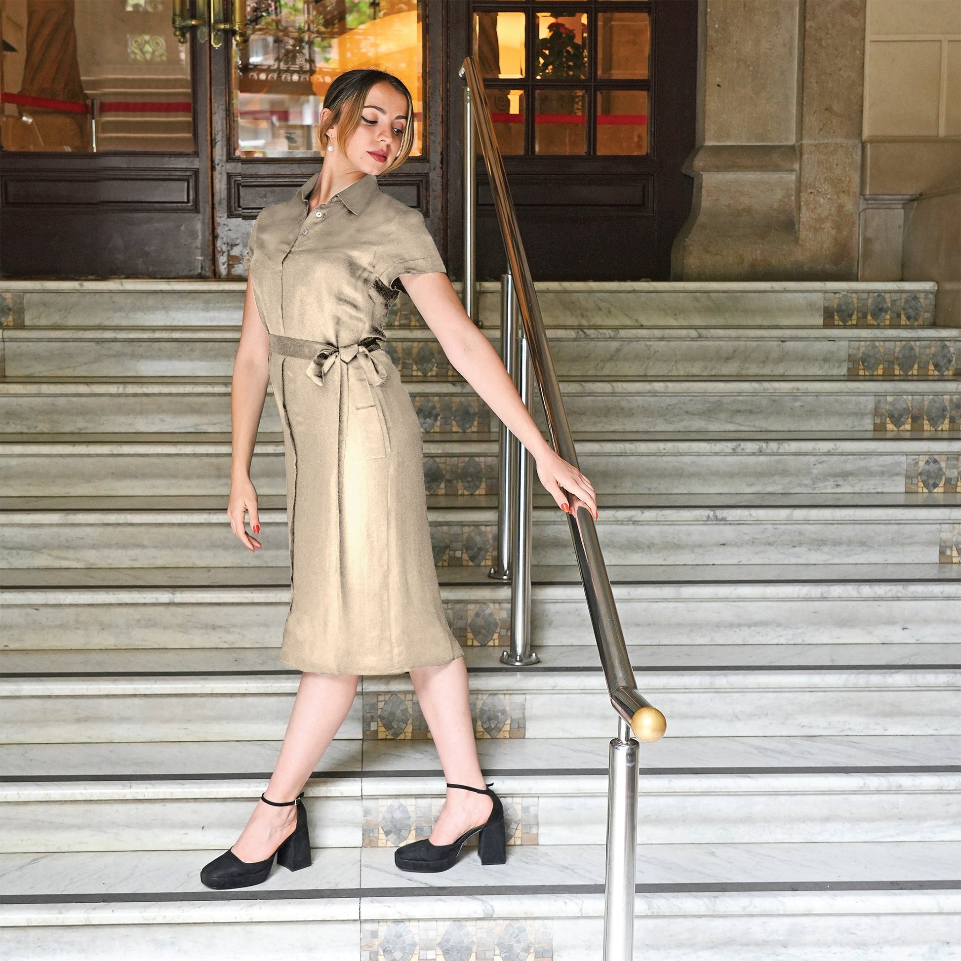 Short Sleeve Shirt Dress With Attached Belt - Tara Sartoria