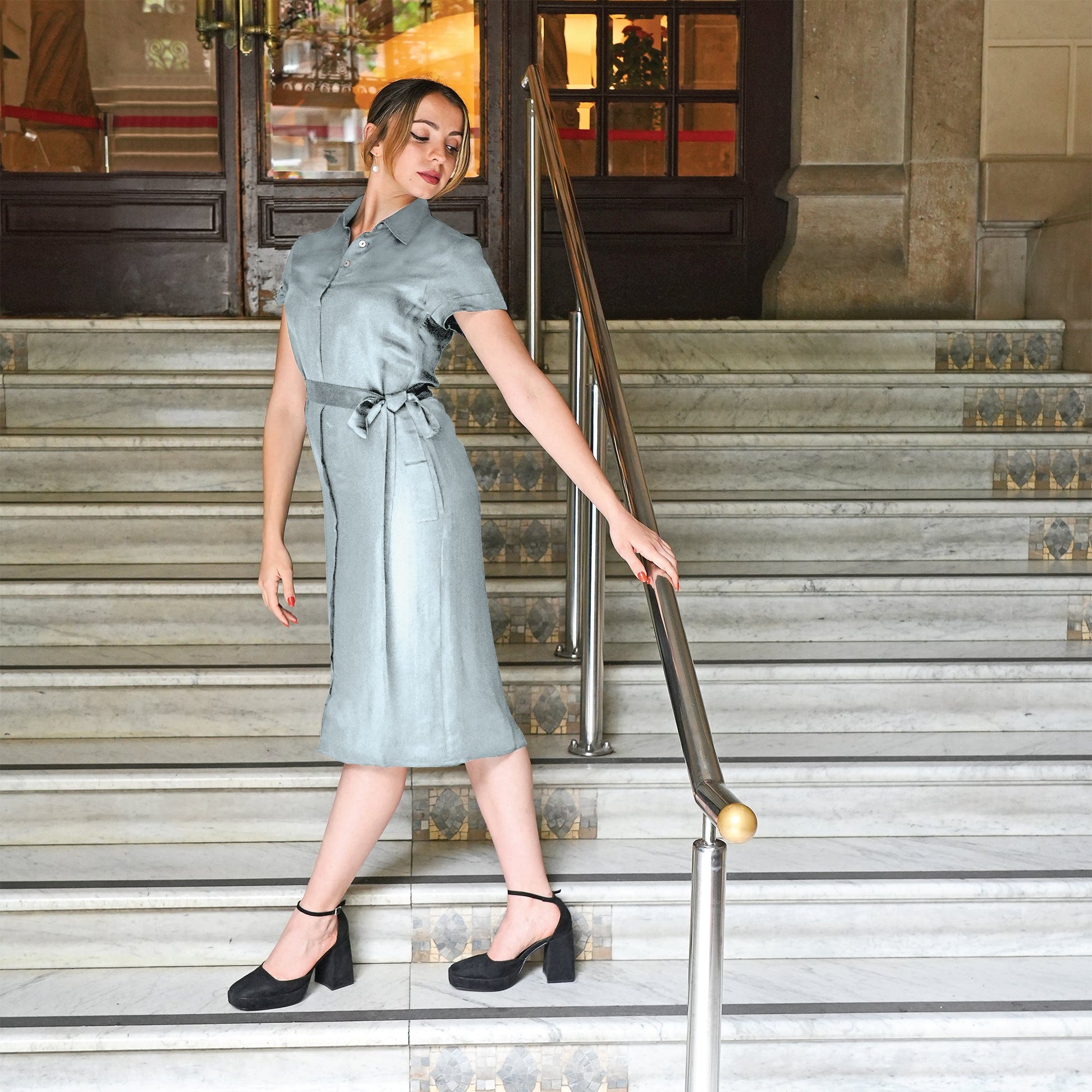 Short Sleeve Shirt Dress With Attached Belt - Tara Sartoria