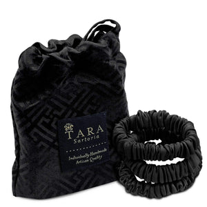 Skinny Silk Scrunchies For Hair, 3 Pieces (Onyx Black)