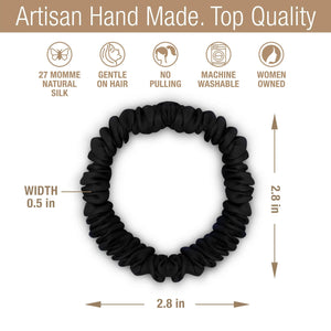 Skinny Silk Scrunchies For Hair, 6 Pieces (Onyx Black)