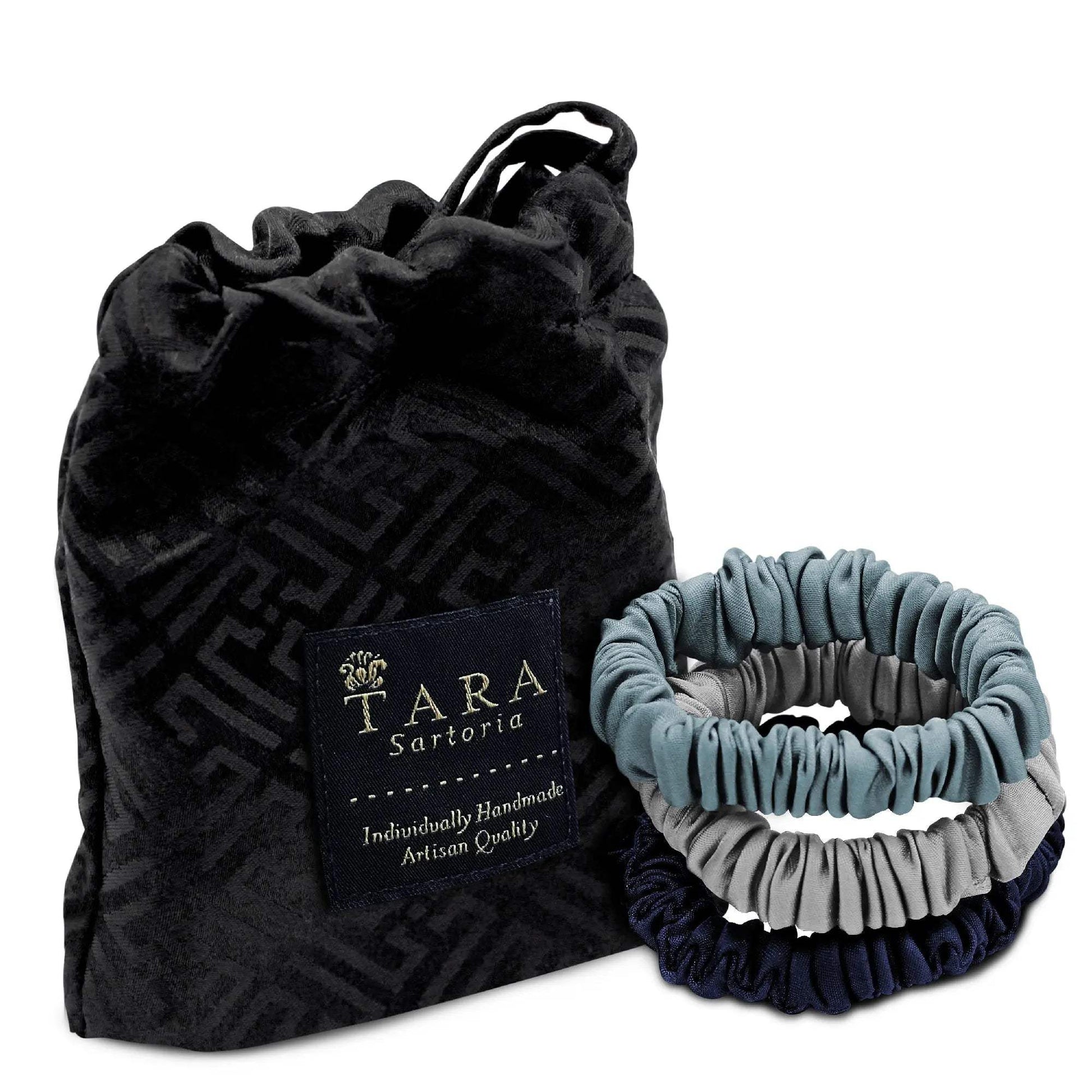 Skinny Silk Scrunchies For Hair, 3 Pieces (Light Blue, Navy Blue, Silver Grey) Tara Sartoria