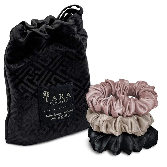Medium Silk Scrunchies For Hair, 3 Pieces (Pink, Beige, Black) - Tara Sartoria